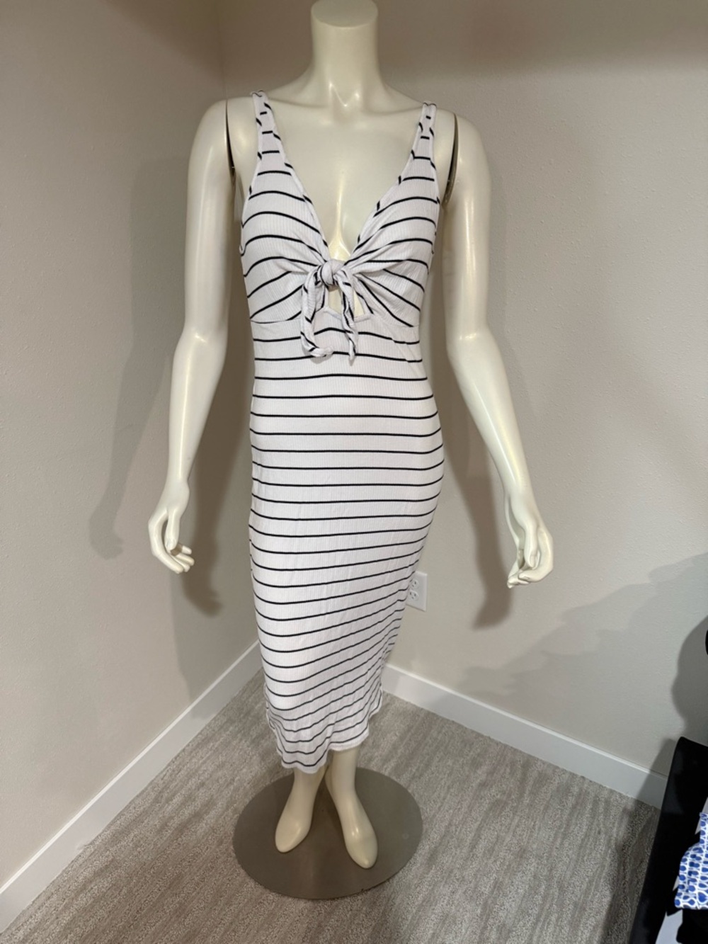 Express White and Black Striped Tie-Front Midi Dress